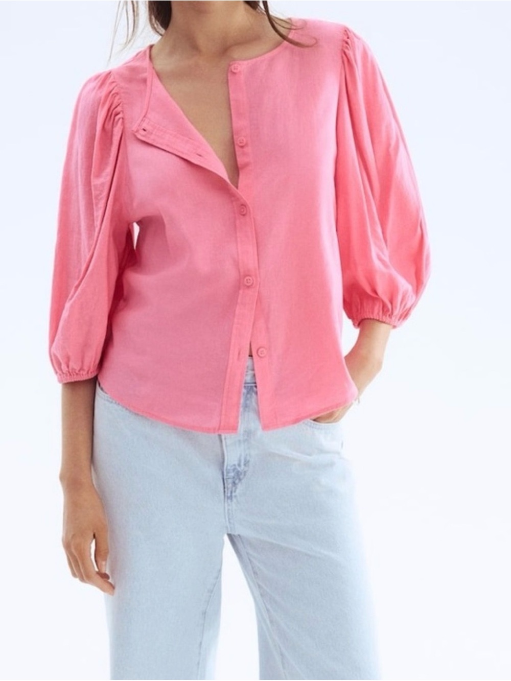 H&M Linen-blend Buttoned Puff-Sleeve Blouse size Medium